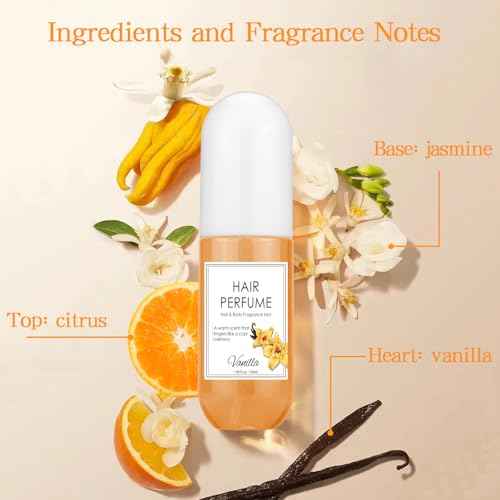 Hair Perfume for Women, Long Lasting Pheromone Perfume Spray Deodorizer Refresher, Fresh Warm Sweet Vanilla Fragrance, Nourishing and Hydrating Portable Daily Hair & Body Mist 50 mL