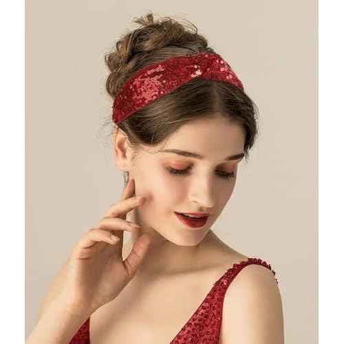 Huachi Top Knot Headbands for Women Girls Halloween Sparkly Sequin Knotted Head Bands for Women¡¯s Hair Accessories Holiday Black Red Festival Hairbands Turban Christmas Gifts