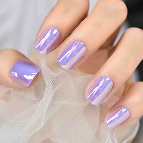 Press On Nails Glossy Short Squoval Stick On Fake Nails Salon DIY Acrylic Manicure Reusable Magic Pink Purple Chrome False Acrylic Nail Art Tips