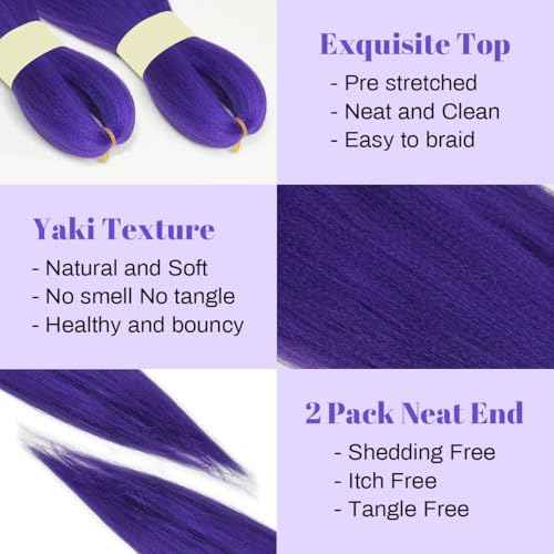 long Purple Braiding Hair Pre stretched Synthetic Hair Extensions for Braids,Yaki Texture Purple Hair Extensions for Stage Party Halloween Costume Cosplay 24 inch
