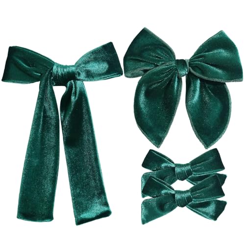 4 Pcs Velvet Hair Bows Set, Hand-made Velvet Bows Hair Clips for Little Teen Toddler Girls Kids(Dark Green)