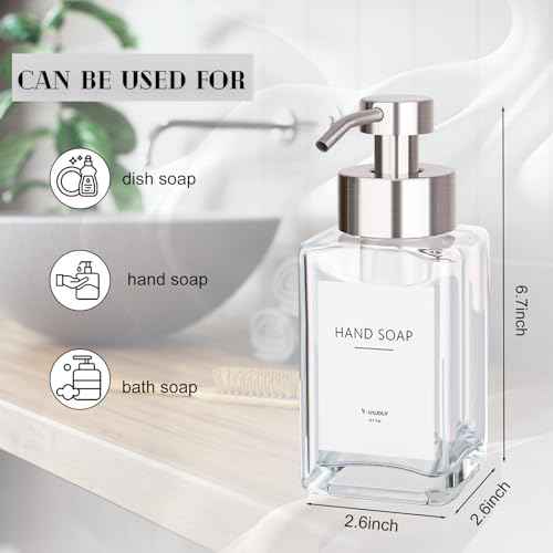 Foaming Soap Dispenser with Stainless Steel Pump, 12oz Refillable Glass Liquid Dish Soap Bottles for Bathroom, Kitchen Sink, Home Decor