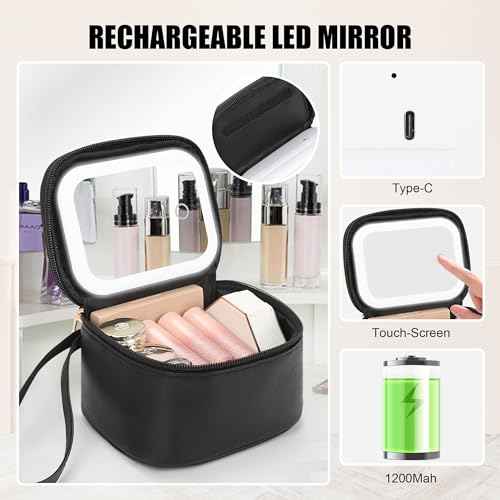 Relavel Mini Makeup Bag with Led Mirror, Small Cosmetic Bag with 3 Light Modes, Rechargeable Portable Makeup Pouch with Hands-Free Wrist Strap for Pool Parties?Work Touch-Ups?Travel - Black