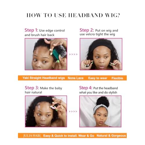 Julia Hair 12A Headband Wig Human Hair Yaki Straight Glueless None Lace Half Wig With Pre-attached Scarf Ombre Chestnut Brown Highlight With Dark Roots for Black Women Put on and Go 18 Inch