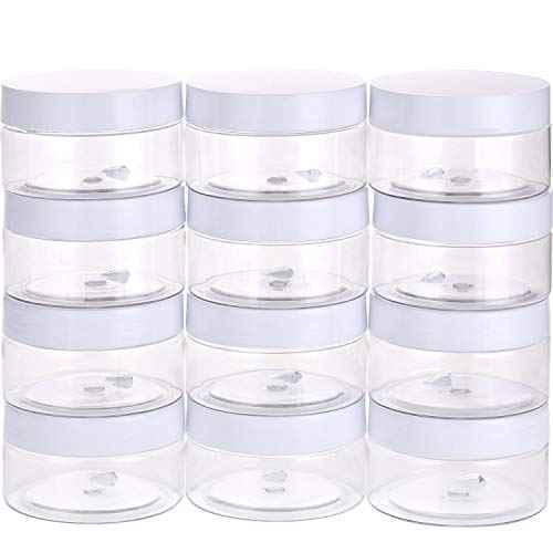 Empty 12 Pack Clear Plastic Storage Favor Jars Wide-mouth Plastic Containers with Lids for Beauty Products, DIY Making or Others (4 oz, White)