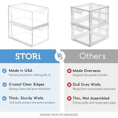 STORi Audrey Stackable Clear Bin Plastic Organizer Drawers | 2 Piece Set | Organize Cosmetics and Beauty Supplies on a Vanity | Made in USA