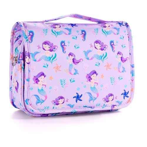 Kids Hanging Toiletry Bag for Girls, Travel Toiletry Bag for Little Young Girls Cosmetic Makeup Waterproof Wash Bag Toddler Traveling Toiletries, Mermaid Purple