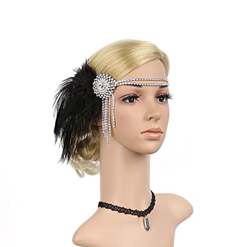 Flapper Headbands for Women 1920s Feather Headpiece Great Gatsby Roaring 20s Hair Accessories Crystal Elastic Rhinestone (Black)