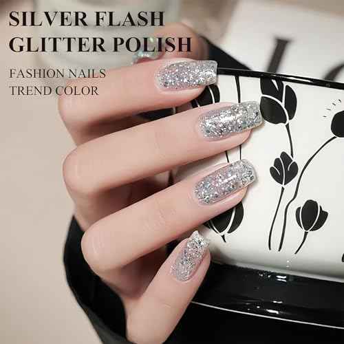 NovaCharm Glitter Nail Polish - Silver Nail Varnish Glitter - Diamond Flash Clear Nail Gel - Quick Dry Nail Polish Air Dry - Long Lasting Fingernail Polish Sparkle For Women Manicure DIY
