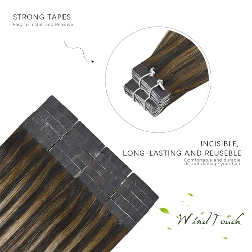 WindTouch Tape in Hair Extensions Human Hair Balayage Chocolate Brown to Caramel Blonde 22inch 50g 20pcs Thick Ends Tape in Extensions Invisible Tape in Hair Extensions Human Hair