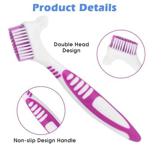 4 Pcs Denture Brush, Portable Denture Toothbrushes with Carrying Case, Dual Angled False Teeth Care Cleaning Brush with Multi-Layered Soft Bristles (Purple, Green, Blue, Orange)