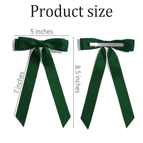 2PCS Dark Green Hair Bows Solid Satin Polyester Ribbon Bow Hair Clips Ponytail Big French Hair Barrettes with Long Tail Wedding Dress Decor Hair Accessories for Women Toddler Teen Girls