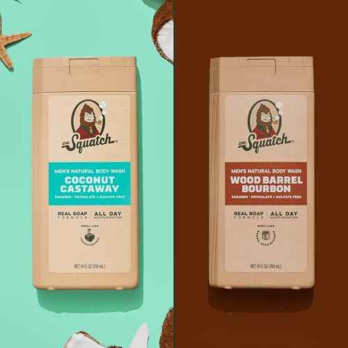 Dr. Squatch NEW Body Wash for Men with Nourishing, Natural Ingredients | No Paraben, Phthalate, Sulfate | All Day Moisture | Long Lasting Scent | Coconut Castaway & Wood Barrel Bourbon (14 oz, 2-Pack)