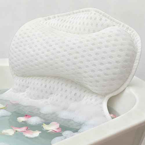 Bath Pillow, Luxury Bath Pillows for Tub Neck and Back Support, Bathtub Pillow - 4D Breathable Air Mesh Fabric with 6 Non-Slip Suction Cups, Bath Accessories White