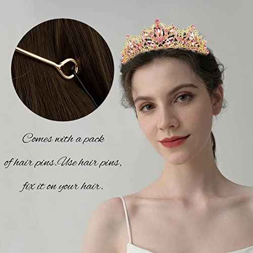 Pink Tiara for Women Gold Crown for Girls Wedding Princess Birthday Crystal Rhinestones Headbands for Prom Bridal Party Halloween Costume Christmas Gift