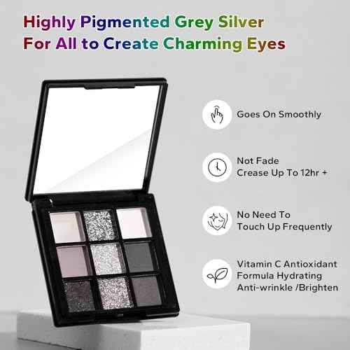 9 Color Smokey Eyeshadow Palette - Highly Pigmented Matte & Glitter Shades, Long-Lasting, Waterproof & Blendable, Black Silver Gray Eyeshadow Set for Sultry Glam (Reversal Star Smokey)