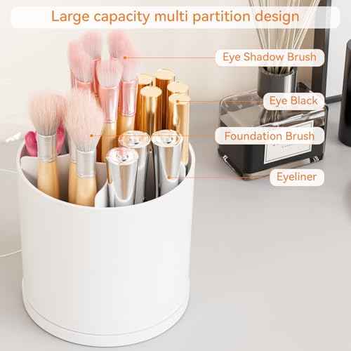 Yieach Rotating Acrylic Makeup Brush Holder with Lid for Vanity,Bathroom,Countertop,Covered Makeup Brushes Organizer,Round Spinning Cosmetic Brushes Holder and Make up Brush Storage with Cover,White