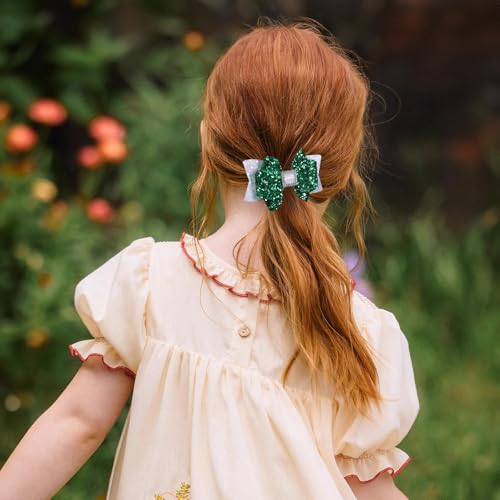 Glitter Hair Bow Clips 3.5 Inch Sweet Hairpins Girls Teens Kids Sparkly Hair Accessories for School Birthday Holiday Party Decor, White&Green