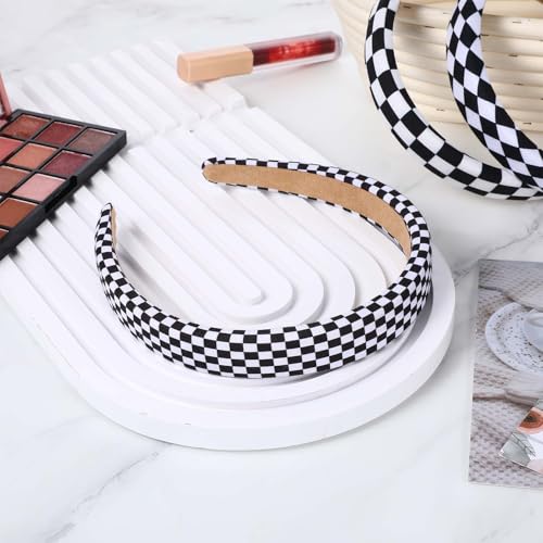 TIESOME 3Pcs Checkered Headbands, Black and White Checkered Headbands Buffalo Plaid Headband for Women Sponge Puffy Gingham Head Bands for Women Christmas Party Hair Accessories