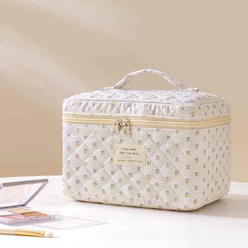 HBselect Quilted Makeup Bag, 3PCS Cotton Large Travel Makeup Bag, Cute Floral Coquette Make up Bag Cosmetic Bag Toiletry Bag for Women Girls