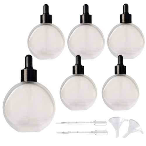 Clear Frosted Dropper Bottles 2 OZ 6 Pcs Frosted Round Flat Glass Bottles with Eye Dropper, for Essential Oils Perfume Serums Hair Oils and other liquids (Clear-Frosted, 2 OZ)