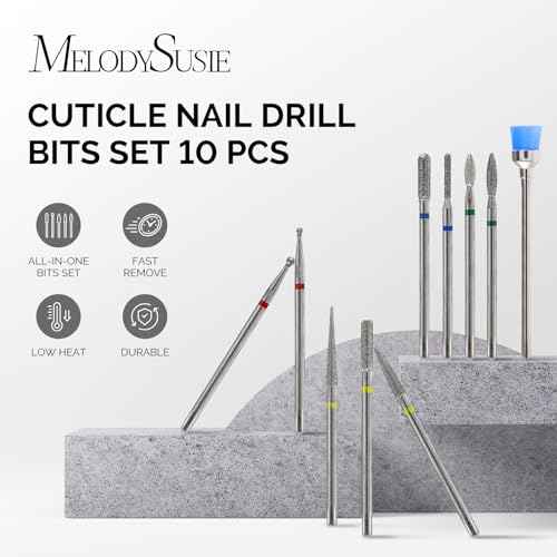 MelodySusie 10pcs Nail Drill Bits Set, 3/32 Inch Diamond Cuticle Nail Bits Kit for Nail Drill E-File, Manicure Pedicure Remover Tools for Acrylic Gel Nails, Salon Home Nail Care Supplies, Silver