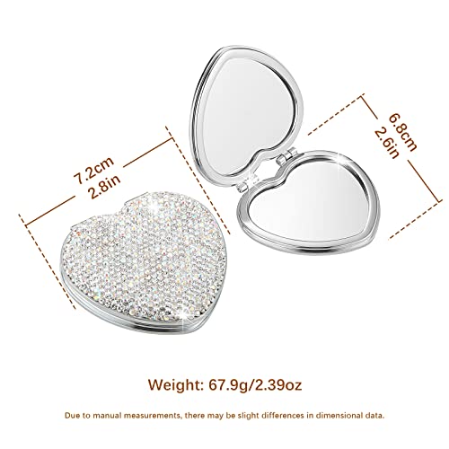 AsAlways Rhinestone Compact Pocket Mirror Portable Travel Cute Cosmetic Mirror Folding Handheld Double-Sided 1x/2x Magnifying Purse Mirror (Silver)