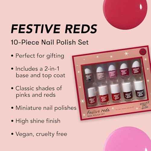Holler and Glow Reds Miniature Nail Polish Holiday Gift Set, Mini Size, Limited Edition, Base Coat, Top Coat, High Shine, Glossy, Long Wearing, Quick Dry, Teen Girl Gifting, 10 Piece Set