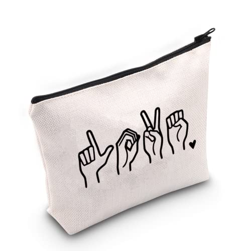 G2TUP American Sign Language Gift Love Sign Language Makeup Bag ASL Cosmetic Bag ASL Teacher Thank You Gift Deaf Community Gift Zipper Travel Bag (Love Sign Language White Bag)
