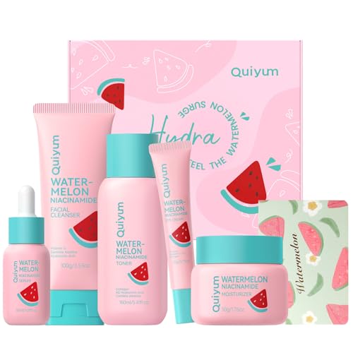 Watermelon Niacinamide Skin Care Set, Routine Beauty Skin Care for Teens- Gift Set with Cleanser, Toner, Eye Cream, Cream, Serum, Facial Glow Up Set for Women, Girls, Travel Sets, for All Skin Types