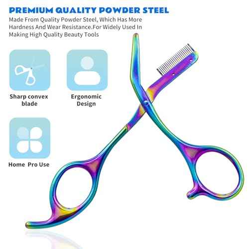 Eyebrow Scissors with Comb - Stainless Steel Eyebrow Trimmer for Women and Men, Facial Grooming Scissors Kit, Professional Precision Eyebrow Trimmer,Perfect For Gifts for Men and Women,Rainbow