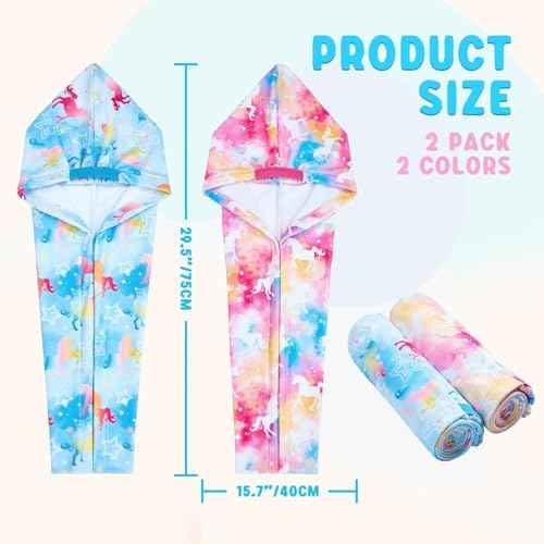 WAWSAM 2 Pack Kids Hair Drying Towel Wrap - Microfiber Hair Towel for Girls, Quick Dry Hair Cap with Button & Elastic Loop(Pink&Blue)