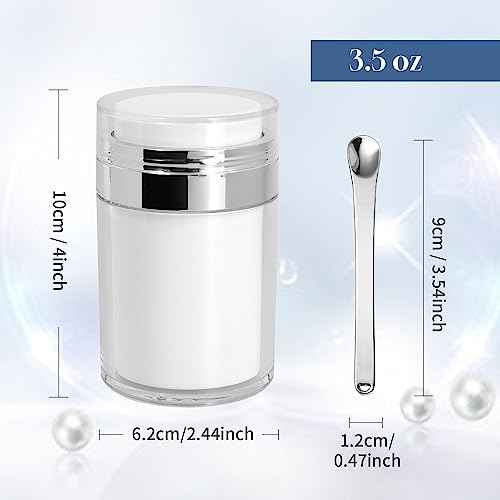 2Pack Airless Pump Jars with Cosmetic Spatula, 3.5 oz Empty Refillable Cosmetic Air Pump Jars Bottles Airless Lotion Cream Dispenser Portable Travel Makeup Containers (Silver)