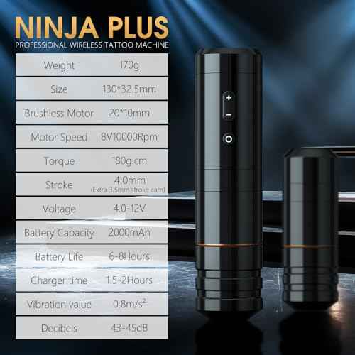 Ambition Ninja Plus Wireless Tattoo Machine - Rotary Cartridge Tattoo Gun with 2000mAh Power LCD Digital Display Brushless Motor Straight Drive Bar Tattoo Equipment for Tattoo Artists