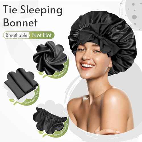 BONNET QUEEN Silk Bonnet for Sleeping Women Satin Bonnet Night Sleep Cap Hair Wrap for All Hair with Adjustable Tie Band,Black