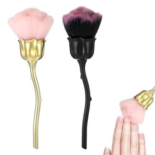 2Pcs Nail Dust Brush, Ultra Soft Nylon Powder Remover for Nails with Rose Shape Long Handle, Nail Art Cleaner Tools for Nails Trimming Cleaning Makeup (Black, Gold)