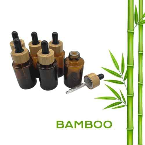 Brown Glass Dropper Bottles 30ml/1 oz 6 PACK,Essential Oil Bottles With Eye Dropper And Bamboo Lids Perfume Sample Vials Essence Liquid Cosmetic Containers
