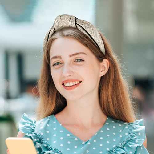 Top Knotted Headband for Women Girls, Wide Fashion Headbands with Knot for Women¡¯s Hair, Cute Thick Fabric Non-Slip Hair Bands (Beige)