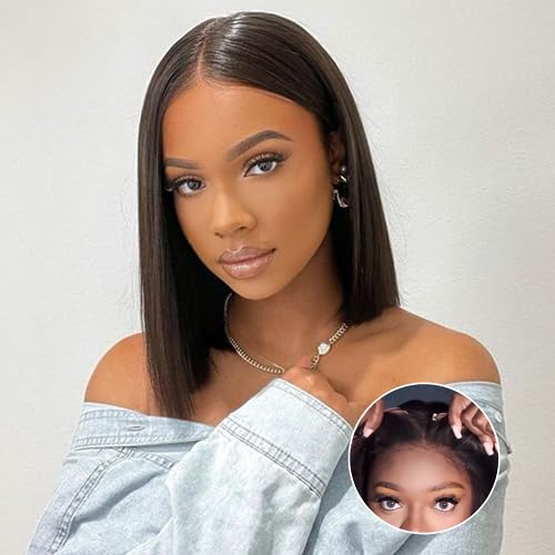 Wear and Go Glueless Bob Wig Human Hair Straight, 6x4 Pre-Cut HD Lace Glueless Wigs Pre-Plucked, Transparent Lace Front Closure Wigs for Women 180% Density 14 inch