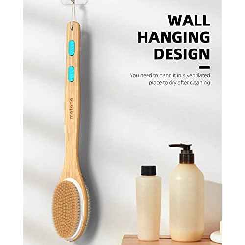 Metene Shower Brush with Soft and Stiff Bristles, Bath Dual-Sided Long Handle Back Scrubber Body Exfoliator for Wet or Dry Brushing