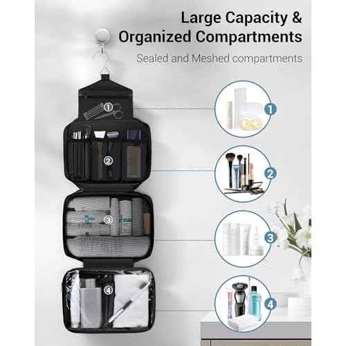 Maliton Toiletry Bag for Men & Women Travel Toiletry Bag Hanging Toiletry Bag Hygiene Organizer with 4 Compartments Waterproof Bathroom Shower Bag Large Toiletries Travel Bag(Black)