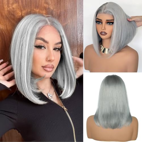 16 Inch Silver Grey Short Straight Bob Wigs Human Hair Short Straight Grey Bob Wig 13x4 HD Lace Front Bob Wigs 180% Density Pre Plucked With Baby Hair for Women