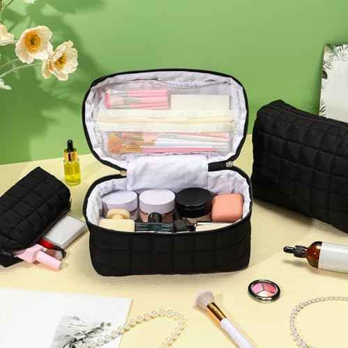 3 Pcs Large Puffy Makeup Bag Set Quilted Cosmetic Pouch for Women Cute Checkered Travel Toiletry Bag Puffer Makeup Organizer Purse Pouch Preppy Pencil Case with Zipper(Black)