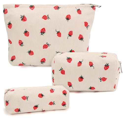 3 Pcs Makeup Bag Cosmetic Bag Set for Girls Women Travel Organizer Bathroom Toiletry Pouch Large Capacity Storage Bag (Strawberry Beige)