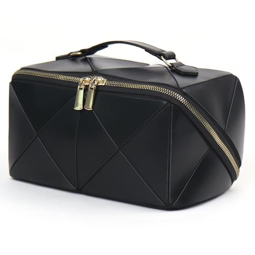 IMCUZUR Travel Makeup Bag Large Cosmetic Bag for Women, Open Flat Make up Bag Portable Skincare Bag with Handle (Black)