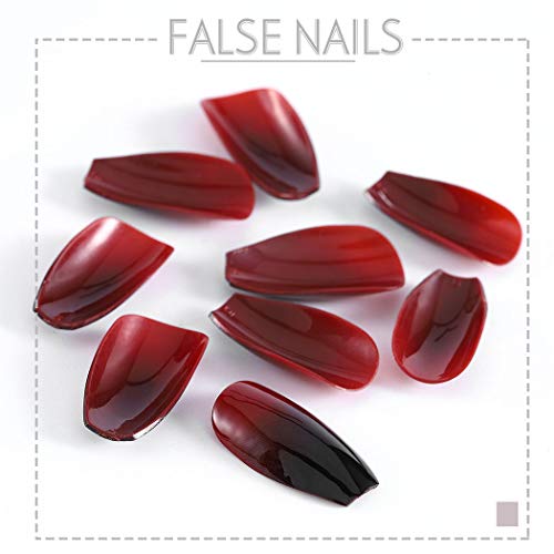 Glossy Press on Nails Black Coffin Fake Nails Halloween Ombre Full Cover Acrylic False Nail for Women and Girls (24Pcs) (Red Black)