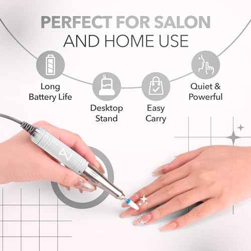 M Mase- Professional Nail Drill Machine - Coreless 2-in-1 Nail File - Electric, Cordless, 35000 RPM, HD Display - Electric Nail Drill for Professional & Home Use (White)