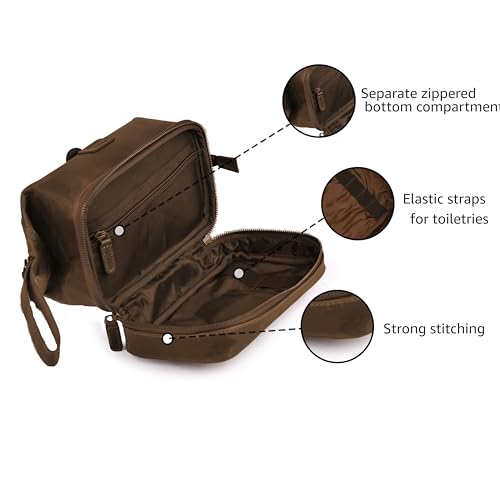 LEATHER VILLAGE Genuine Leather Dopp Kit ? Large Travel Toiletry Bag with Waterproof Lining, Dual-Zip Design for Men & Women, Organizer for Shaving, Makeup & Essentials - Brown