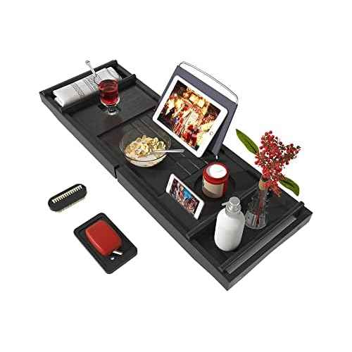 Bath Caddy Tray for Bathtub - Bamboo Adjustable Organizer Tray for Bathroom with Free Soap Dish Suitable for Luxury Spa or Reading(Black)