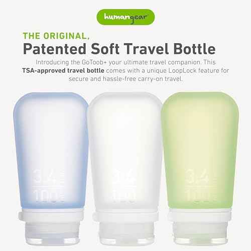 humangear GoToob+ 3-Pack (Large) | Refillable Silicone Travel Bottle | Locking Lid | Food-Safe Material, Clear/Green/Blue, Large (3.4 fl.oz.; 100ml)